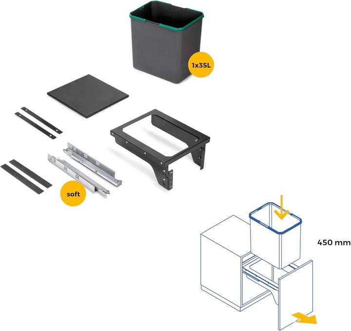 Produktbild Emuca Recyclingbehälter mit Seitenbefestigung, entfernbar, Soft-Close, für Abfalltrennung (35 l)