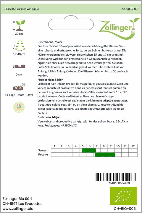 Produktbild Zollinger Bio Buschbohne, Major