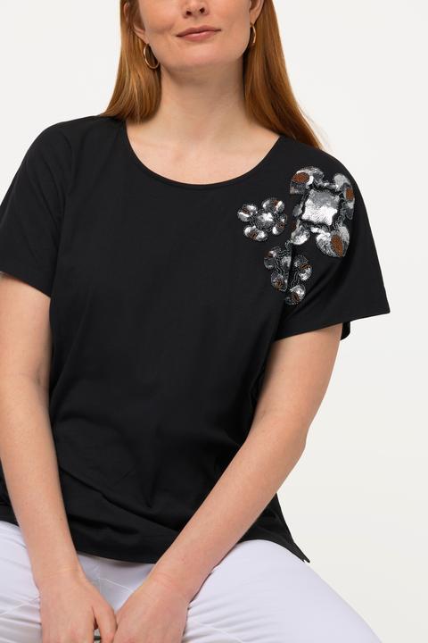 Image du produit Ulla Popken T-shirt oversize à col rond et manches courtes, fleurs à paillettes (50, 52)