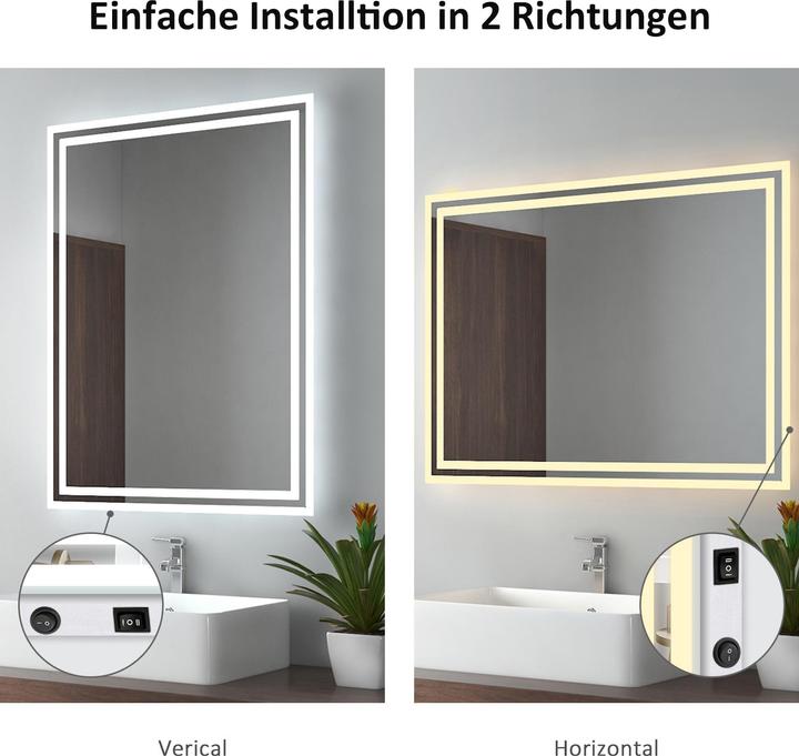 Produktbild Emke Badezimmerspiegel mit Beleuchtung 40*60cm,Beschlagfrei, 3000K/6500K,Tast Schalter
