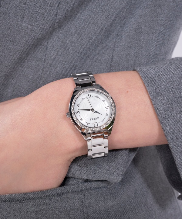 Produktbild Guess P SLV CS W/ CRYS / SUN WHT DL / P SLV BRCT Armbanduhr (Uhr mit Schmuckstein, 30 mm)