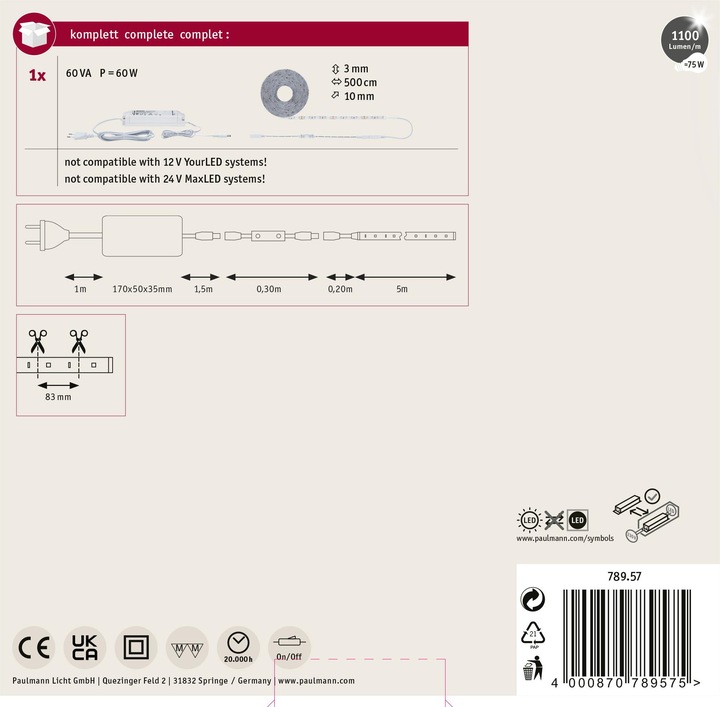 Produktbild Paulmann SimpLED Power Stripe Set (Warmweiss, 500 cm, Indoor)