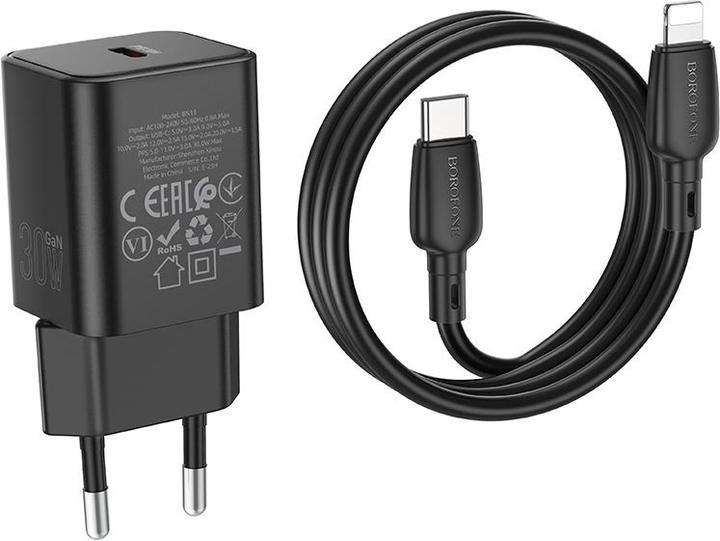 Borofone Netzladegerät BN13 Safety GaN - Typ C - PD 30W mit Typ C auf Lightning Kabel schwarz (30 W)