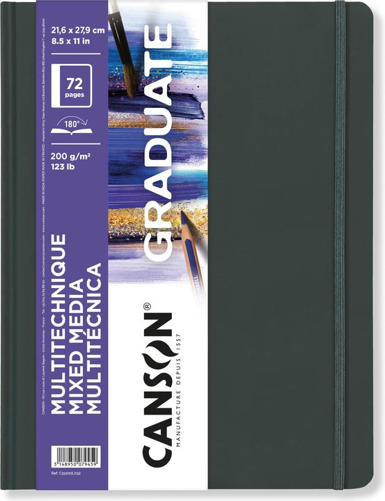 Canson GRADUATE Mixed Media sketchbook, 216 x 279 mm black, 36 sheets, white paper 200 gsm, hardcover (A4, Plain, Hardcover)