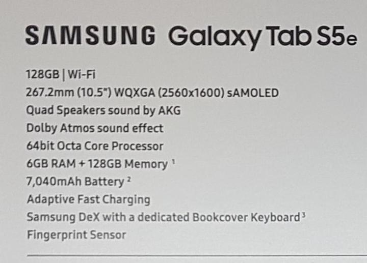 Nutritional values and ingredients Samsung Galaxy Tab S5e (WLAN only, 10.50", 128 GB, Black)