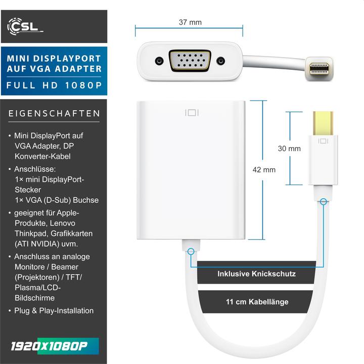 Immagine prodotto CSL Adattatore video da Mini DisplayPort a VGA, cavo adattatore Full HD da MiniDP maschio a VGA femmina (VGA)