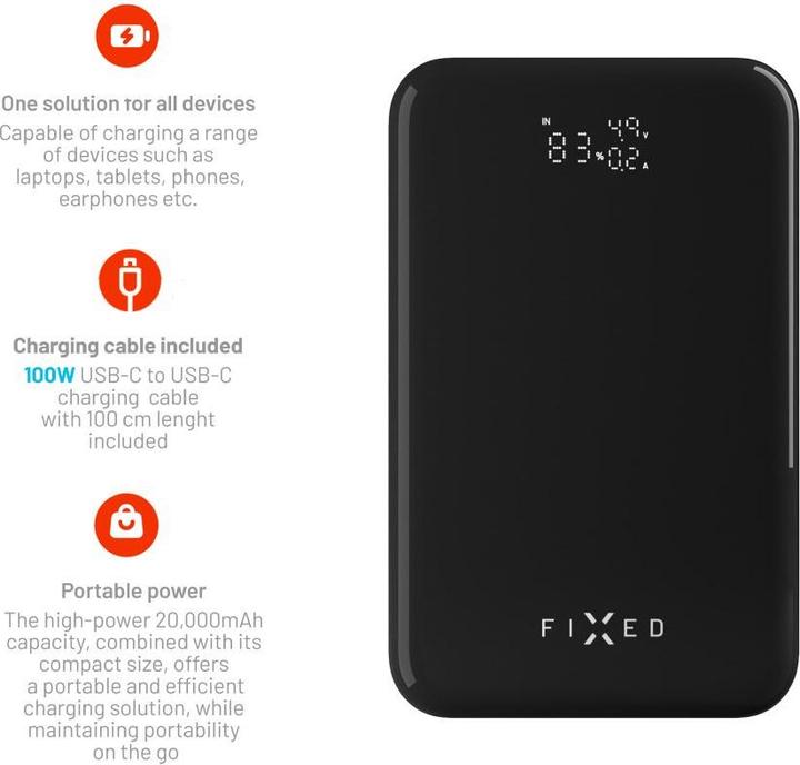 Immagine prodotto Fixed Zen PRO USB-C PD 130W Power Bank 20.000 mAh Nero (20000 mAh, 130 W, 74 Wh)