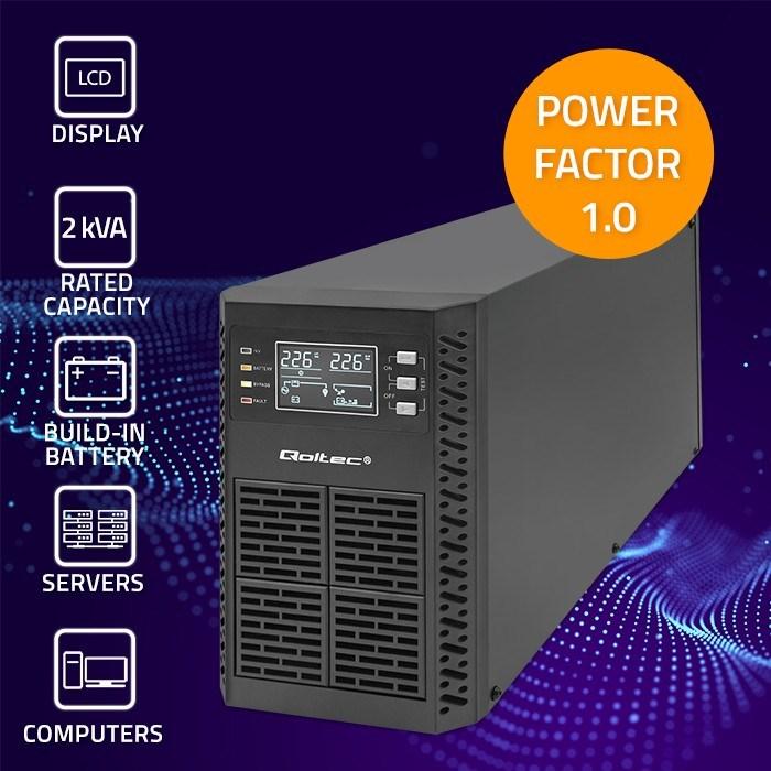 Produktbild Qoltec ZASILACZ AWARYJNY UPS 2KVA | 2000W | POWER FACTOR 1.0 | LCD | EPO | USB | ON-LINE (2 VA, 2000 W, Online-Doppelwandler USV)