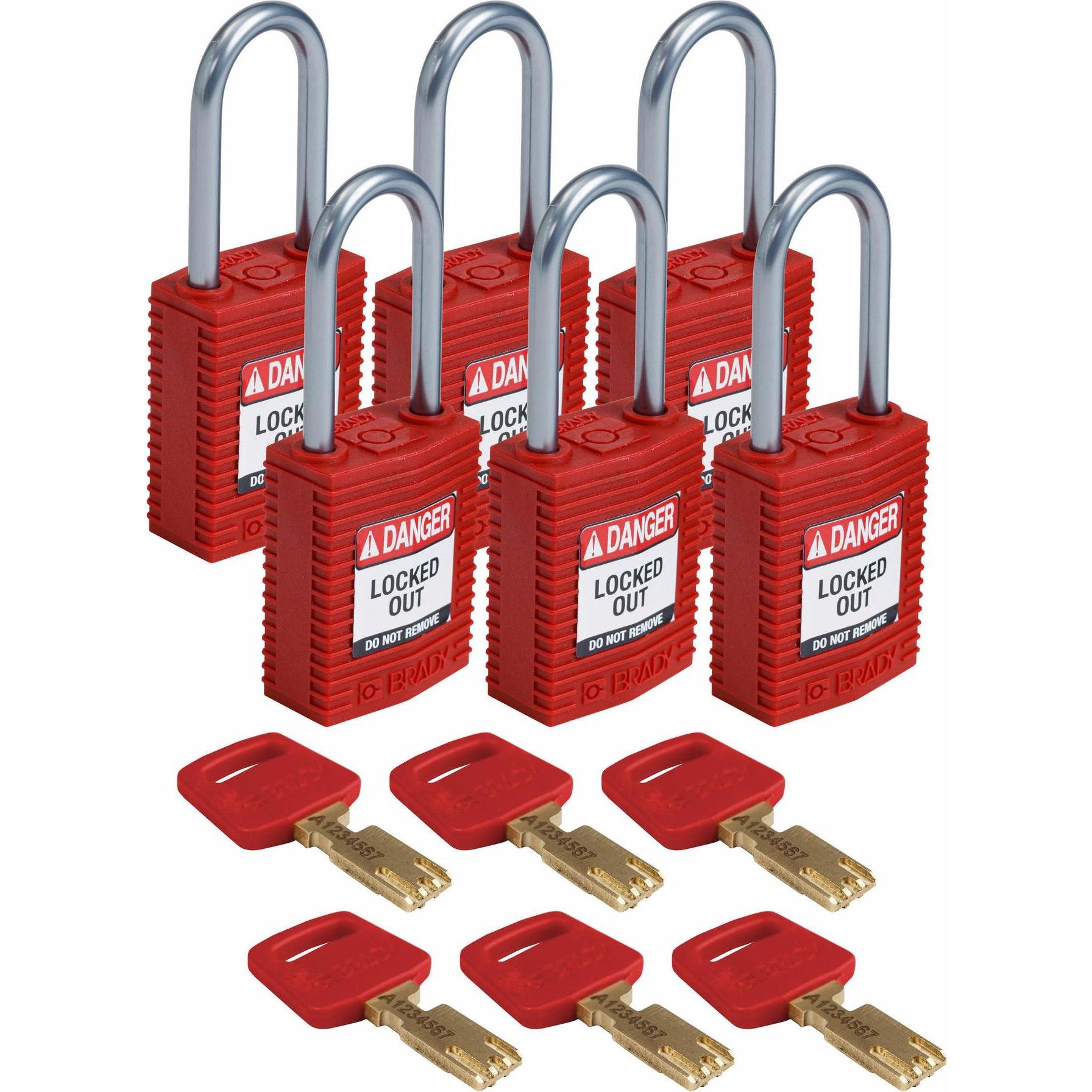 Brady, Vorhängeschloss, Safekey Kompaktes Nylon-Sicherheitsschloss mit Aluminiumbügel, Rot, 38 mm Bügelhöhe, 4.7 mm