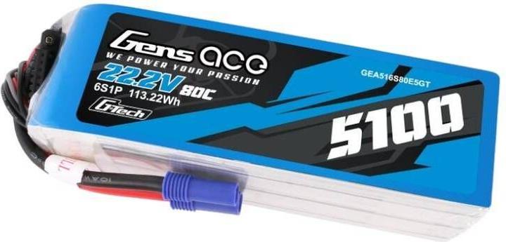 Actual product image Gens Ace G-Tech 5100mAh 80C 22.2V 6S1P Lipo Battery Pack with EC5 plug (22.20 V, 5100 mAh)