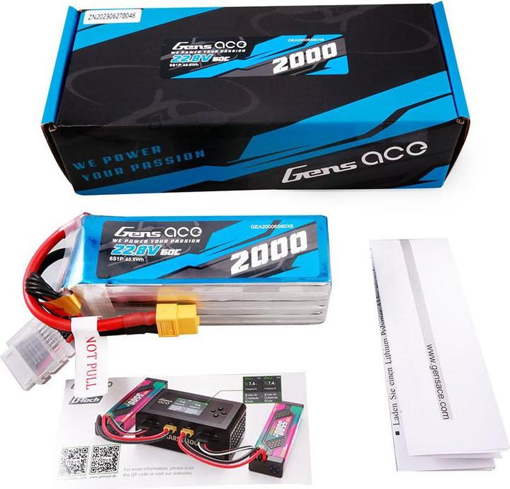Image du produit Gens Ace Pack de batteries Lipo 2000mAh 22.8V 60C 6S1P haute tension avec connecteur XT60 (22.80 V, 2000 mAh)