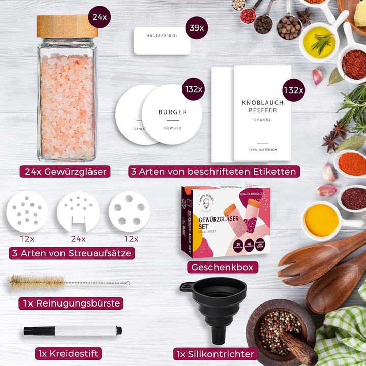 Produktbild Happy Lemuro 24-teiliges Gewürzgläser-Set mit Etiketten und Streueinsätzen (0.12 l)