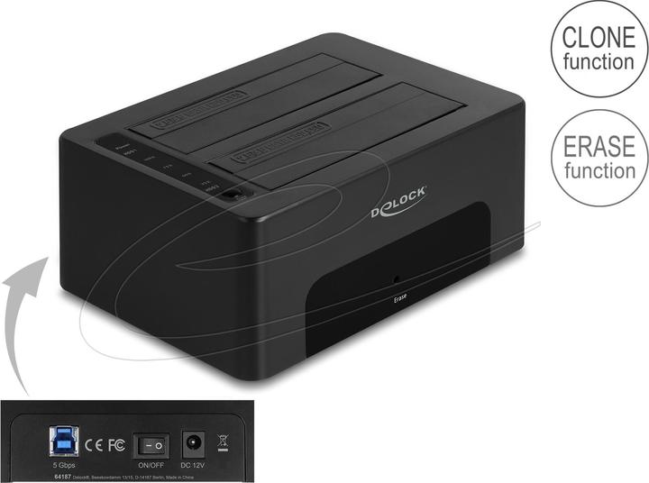 Actual product image Delock USB Dual Docking Station for 2 x SATA HDD / SSD with clone and erase function