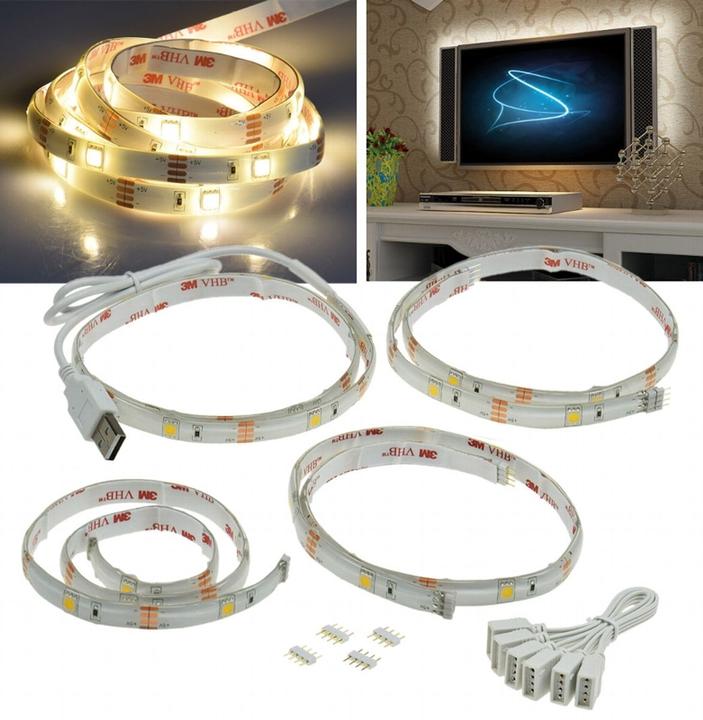 Produktbild König Design LED Stripe Set TV Hintergrundbeleuchtung USB, 4x 50cm, warmweiss 3000K Fernseher Ambient (40 cm, Indoor)