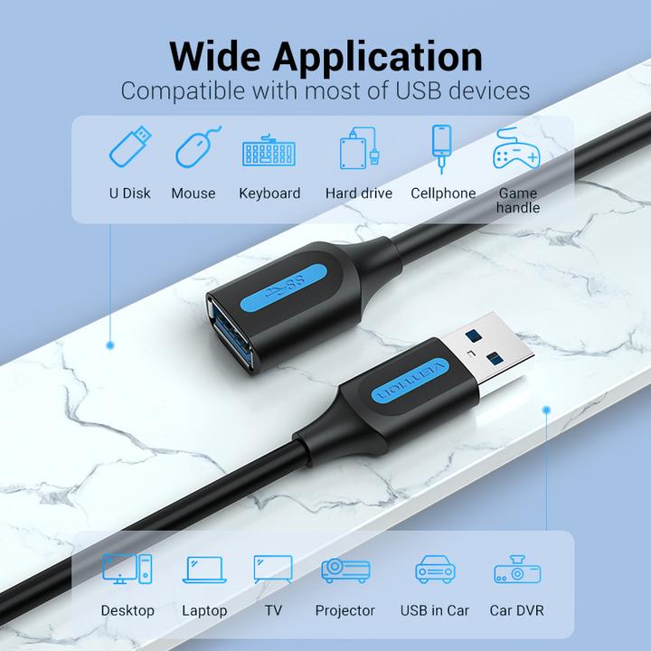 Produktbild Vention USB 3.0 male to female extension cable CBHBI 3m Black PVC (3 m, USB 3.0)
