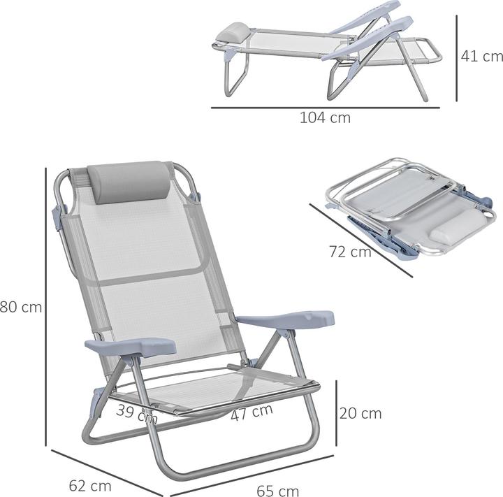 Image du produit Outsunny Strandstuhl Aluminium, Mesh-Gewebe Hellgrau