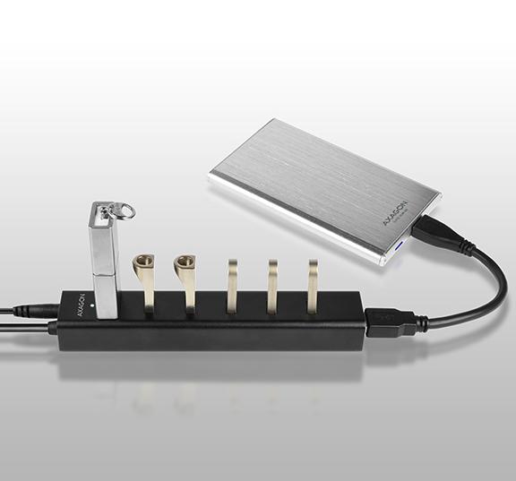 Actual product image Axagon HUE-SA7BP 7x USB3.0 ALU charging hub incl. AC adapter, Juodas (USB-A, USB-B, 7 ports)