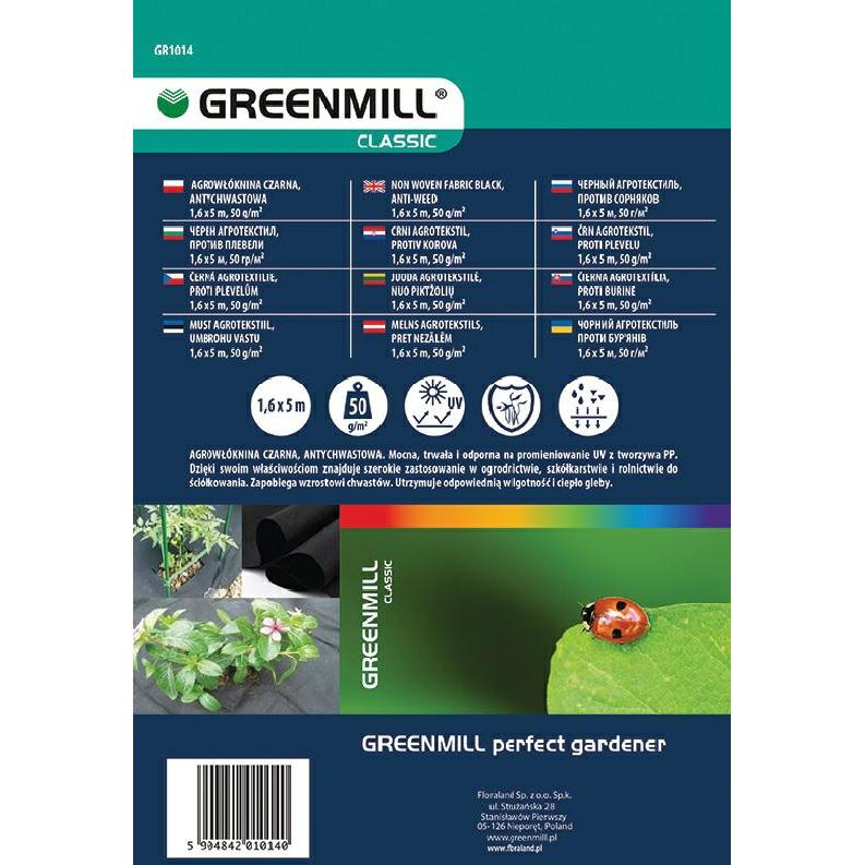 Greenmill, Pflanzen Winterschutz + Gartenvlies, Agro Vlies 1,6 x 5 M 50 G/M2 Antiweed Schwarz