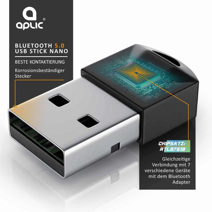 Image du produit Aplic Adaptateur USB Bluetooth 5.0 pour PC/ordinateur portable, récepteur/émetteur, dongle compatible (Emetteur & Récepteur)
