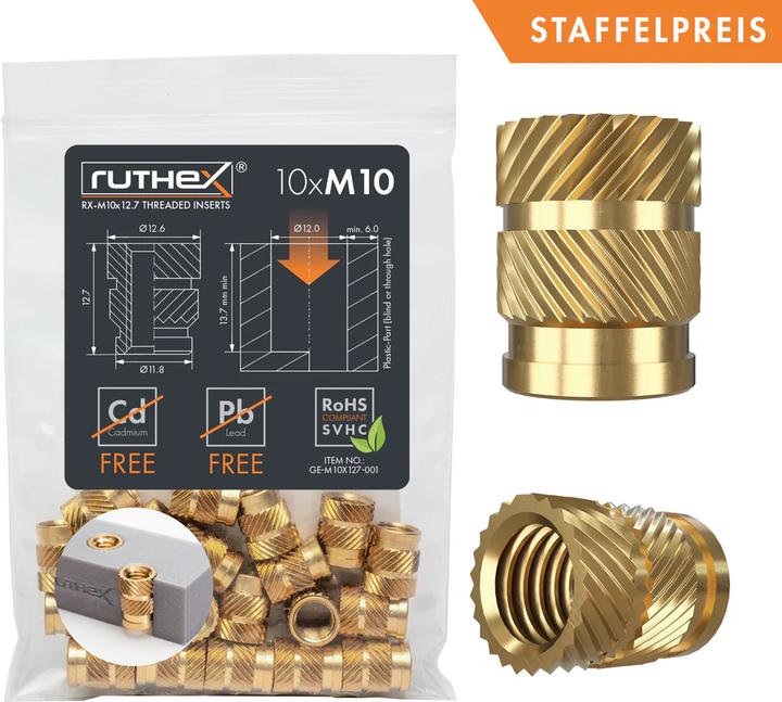 Ruthex M6 threaded insert – Rx-M10x12,7 - 10 pcs (M10)