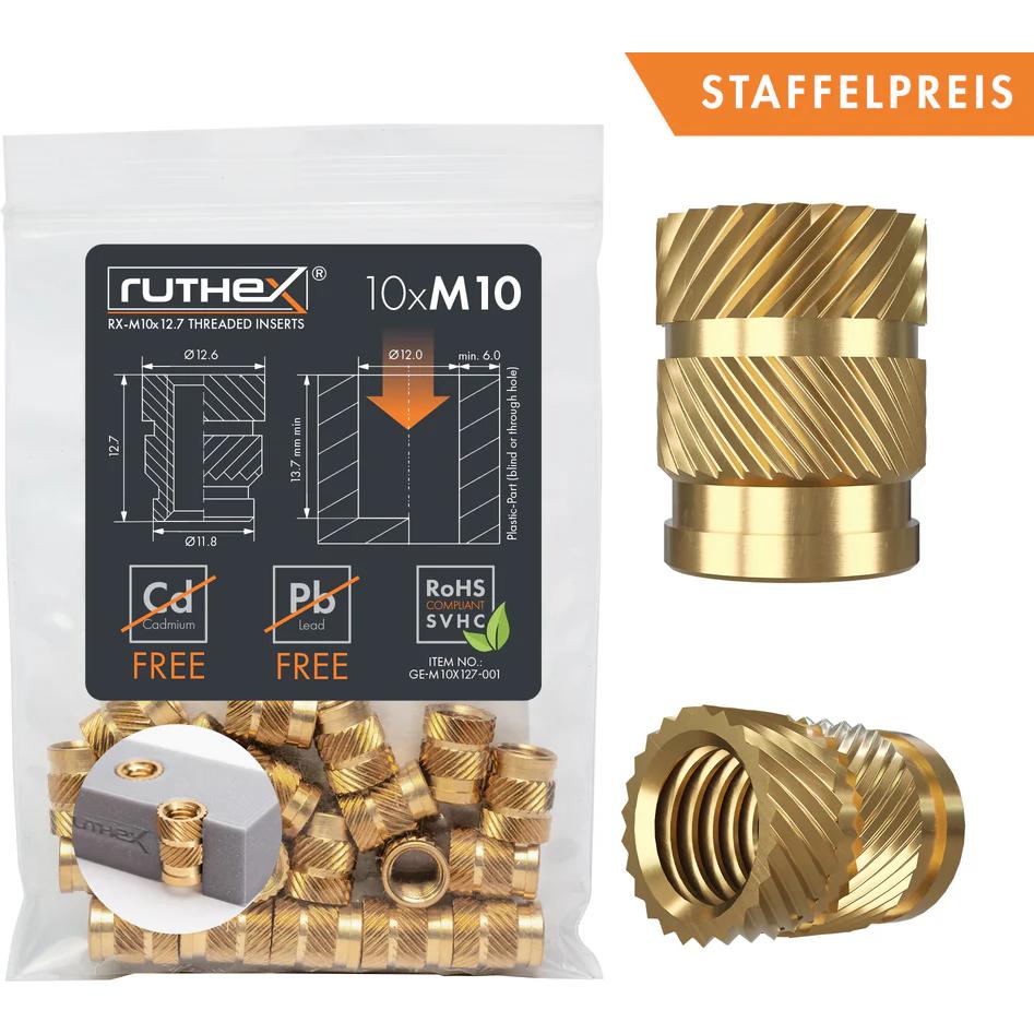 Ruthex M6 threaded insert - Rx-M10x12,7 - 10 pcs (M10) (GE-M10x127-001)