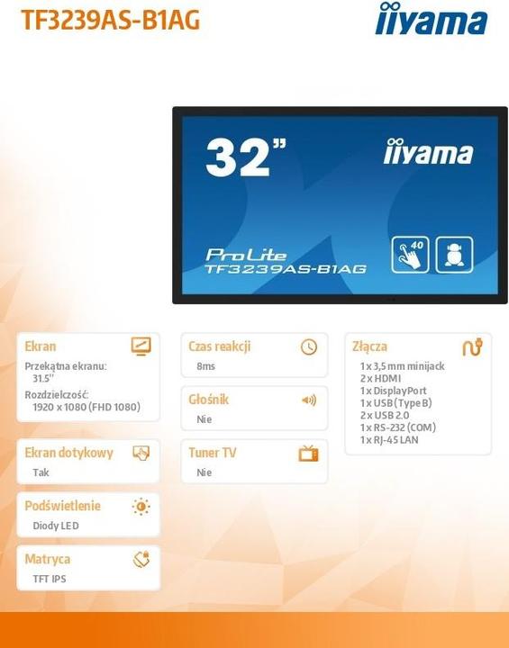 Produktbild iiyama 80cm (31,5") TF3239AS-B1AG 16:9 M-Touch 2xHDMI+DP (1920 x 1080 Pixel, 31.50")