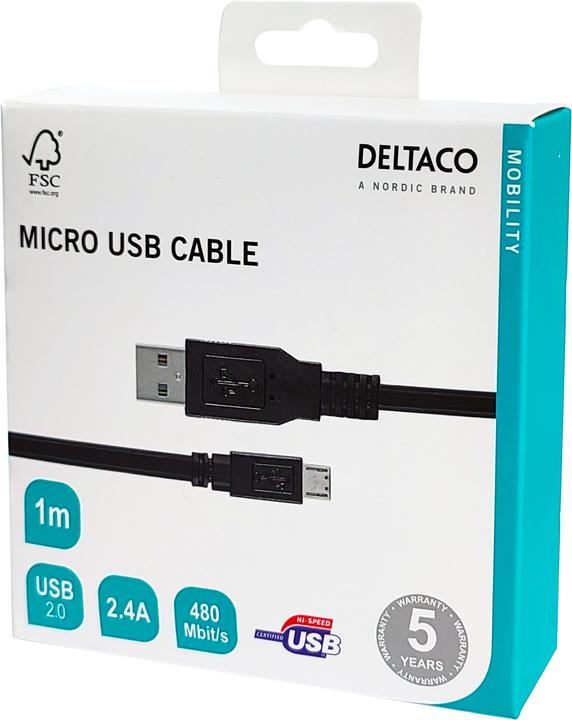Produktbild Deltaco USB 2.0 cable Type A ma - Type Micro B ma, 5-pin, 1m, black (1 m, USB 2.0)