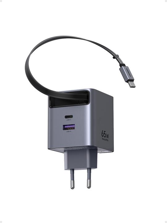 Actual product image Ugreen Wall GaN Charger- Retractable Cable (65 W, 3 ports)