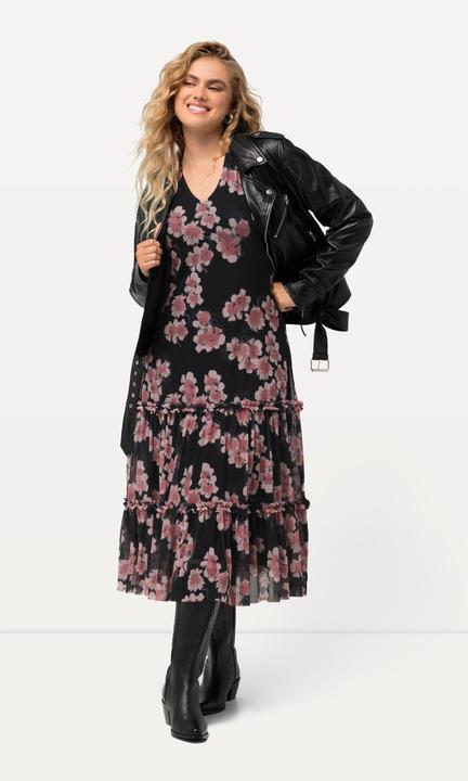 Image du produit Ulla Popken Robe midi doublée, imprimé fleurs, col en V et manches longues (62)