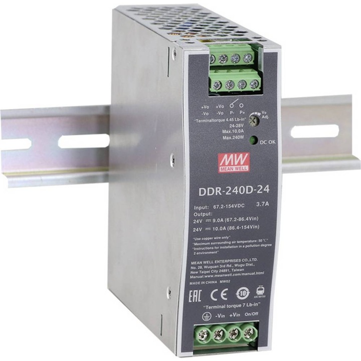 Immagine prodotto MeanWell Convertitore DC/DC serie DDR-240 per guida DIN a uscita singola Rapporto di tensione d'ingresso: 2:1
