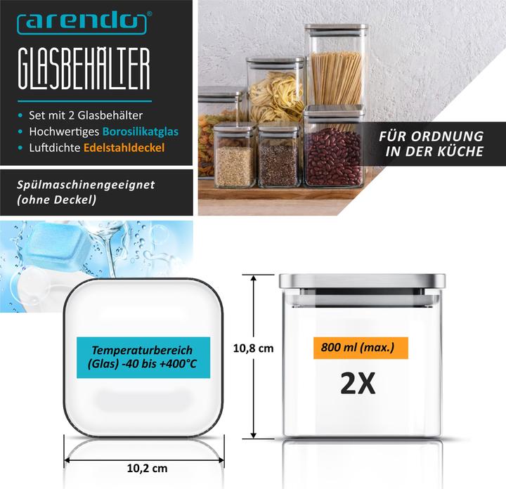 Produktbild Arendo Glasbehälter Set 2er 2×0,8 L Borosilikatglas, Edelstahldeckel mit Silikonring, mikrowellengeeignet (0.77 l)