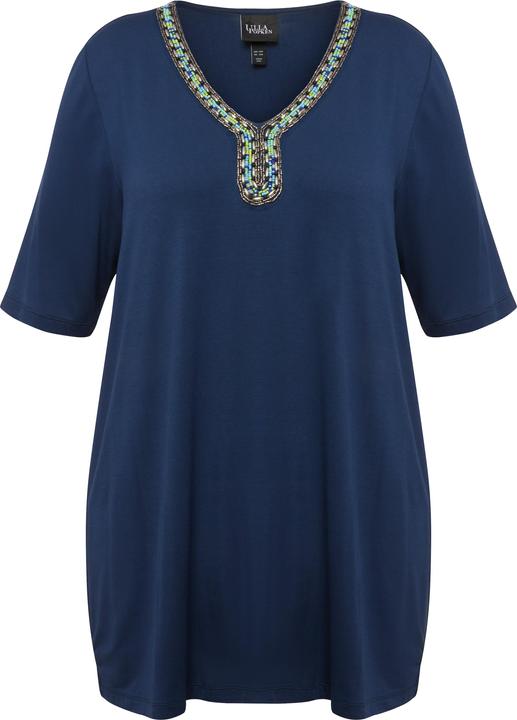 Image du produit Ulla Popken T-shirt à manches courtes, avec perles. Coupe évasée et col tunisien. Silhouette en A évasée. (46, 48)