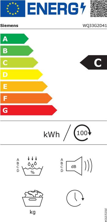 Etichetta energetica Siemens iQ500, Asciugatrice a pompa di calore, 9 kg, Bianco, WQ33G2D41 (9 kg, A destra)