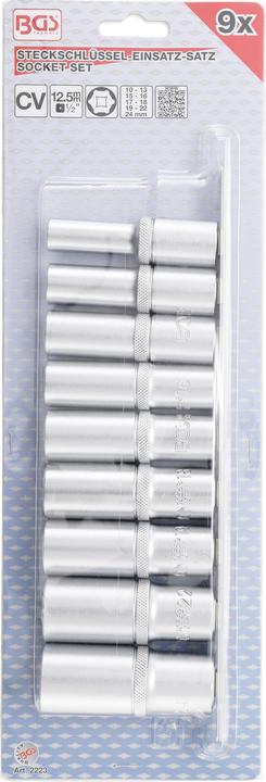 Produktbild BGS Steckschlüssel-Einsatz-Satz Sechskant, tief 12,5 mm (1/2") SW 10 - 24 mm 9-tlg. (10  mm, 11 mm, 12 mm, 13 mm, 14 mm, 15 mm, 16 mm, 17 mm, 18 mm, 19 mm, 20 mm, 21 mm, 22 mm, 23 mm, 24 mm)