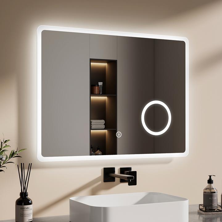 Produktbild Emke Badspiegel mit Beleuchtung 80*60cm, 3X Vergrösserung, Kaltweiss6500K, Dimmbar, Touch Schalter (80 x 60 cm)