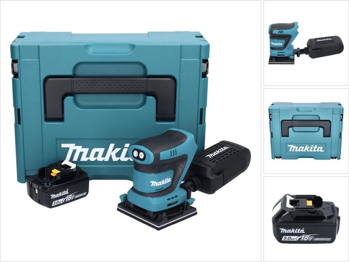 1x Makita DBO 480 Akku Schwingschleifer, 1x Staubbox, 1x Makita BL 1850 B 18 V 5,0 Ah Akku ( 197280-8 ), 1x Makpac, 1x Universaleinenlage, ohne Ladegerät