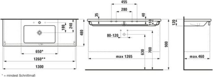 Image du produit Laufen Living Square lavabo, 1 trou pour robinet, avec trop-plein, 1300x480, réversible jusquà 65c (1387 mm, 235 mm)