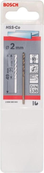 Produktbild Bosch Professional Zubehör Metallbohrer HSS-Co, DIN 338, 2 x 29 x 49 mm, 1er-Pack (2 mm)