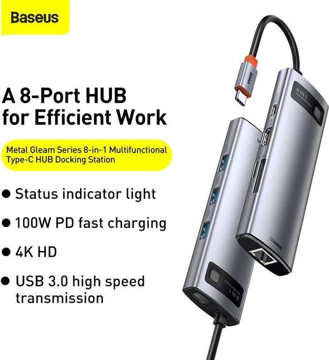 Actual product image Baseus Metal Gelam Series (USB-C, 8 Ports)