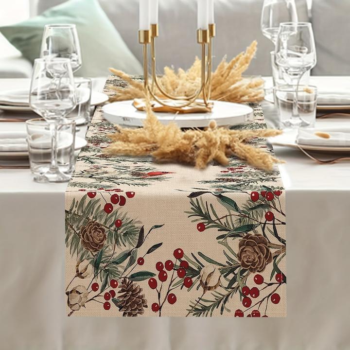 Actual product image Alopini Table runner, winter theme pine needles twigs printed table runner, pine cones cardinal red birds (100 x 100 cm)