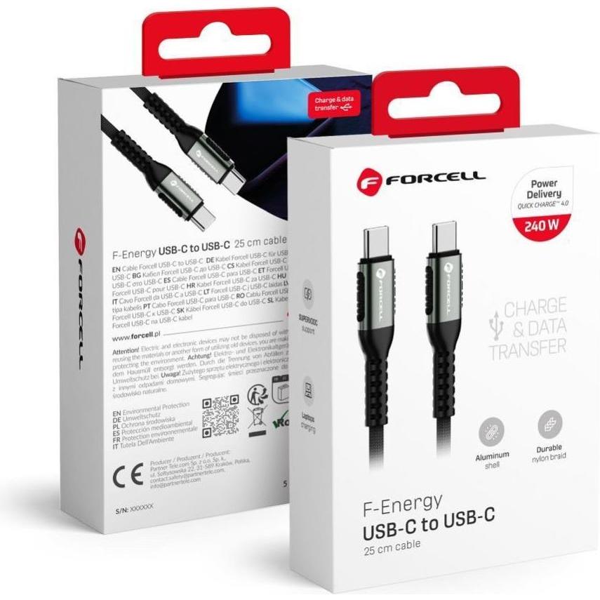 Forcell Cable F-ENERGY C263 cable Type C to Type C QC4.0 PD 5A 240W Cafule 0,25 m black (0.25 m, 240 W), Cavo USB