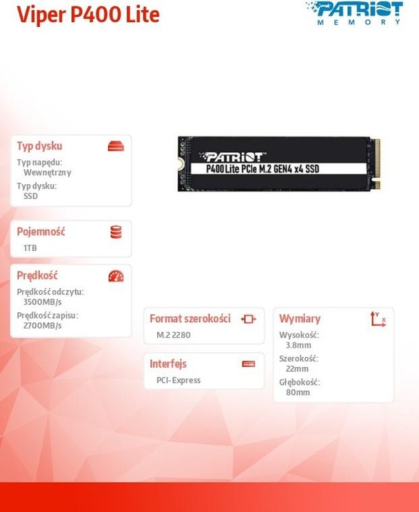 Actual product image Patriot P400 Lite (1000 GB, M.2 2280)