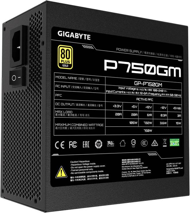 Actual product image Gigabyte P750GM Power Supply, 80 PLUS Gold, modular - 750 Watt (750 W)