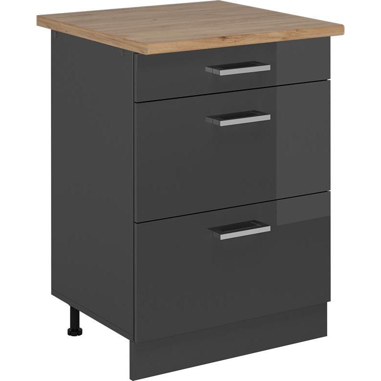 Vicco, Regal, Küchenunterschrank R-Line, Anthrazit Hochglanz/Anthrazit, 60 cm mit Schubladen, AP Eiche