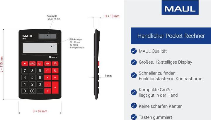 Immagine prodotto Maul Calcolatrice M12 Nero (Batterie, Celle solari)