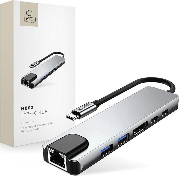 Produktbild Tech-Protect HB02 HUB Adapter 6in1 USB-C + USB2.0 + USB3.0 + HDMI 4K 30Hz + RJ45 + PD100W - gray (USB-C, 6 Ports)