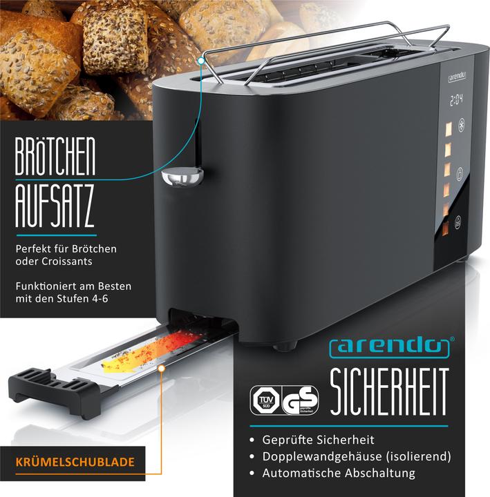 Produktbild Arendo Toaster Edelstahl 2 Scheiben Langschlitz, Bräunungsgrad & Restzeitanzeige, Touch Display, 1000 W