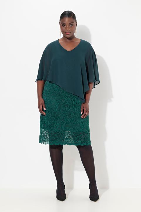 Image du produit Ulla Popken Robe de soirée en jersey. Cape en mousseline. Bas de jupe en dentelle. Manches 3/4 (58)