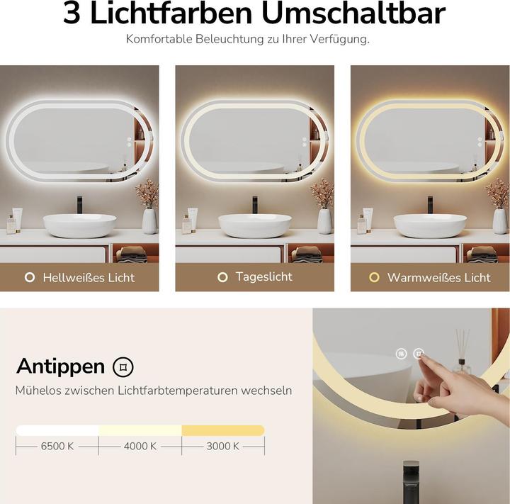 Produktbild Emke Badspiegel mit Beleuchtung 50*90cm,Beschlagfrei, 3 Farbtemperaturen(3000K-6500K) und dimmbaren (50 x 90 cm)