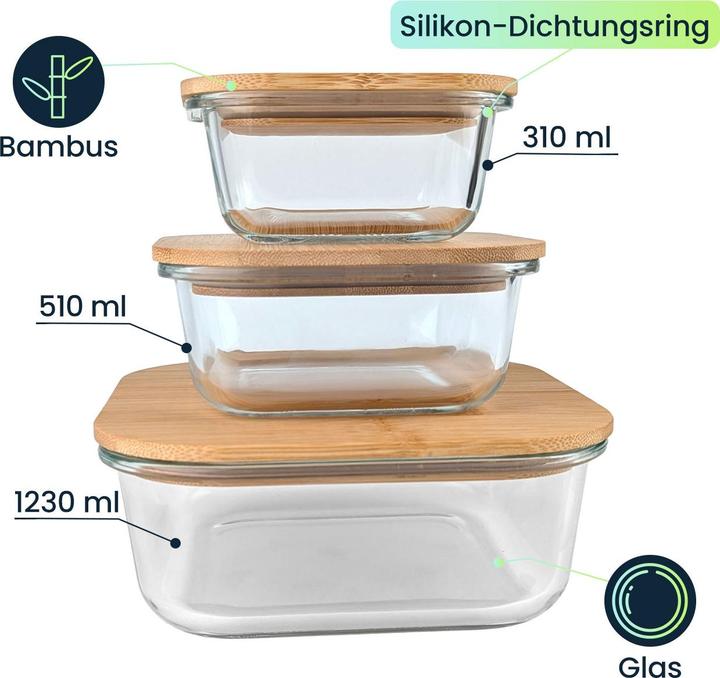 Actual product image Ideoon 6er-Set Hochwertige Vorratsdosen mit Deckel, quadratisch, Glas/Bambus, 3 Grössen: (0.31 l)